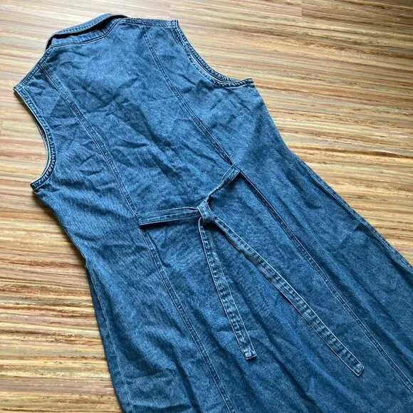 Jessica Sleeveless Denim Chambray Maxi Dress Button Front Embroidered Collar - Picture 10 of 10